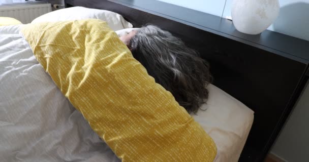 Mature Woman Sleeping Peacefully Turning Waking Still Asleep Sunlight Coming — Stock Video