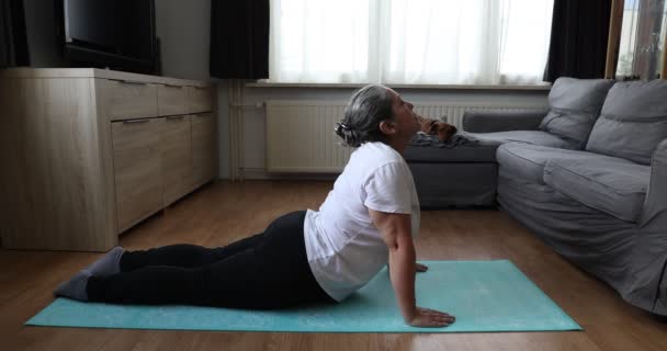Starsza Kobieta Ćwiczy Pilates Rozciągając Się Macie Jogi Jej Jamnik — Wideo stockowe