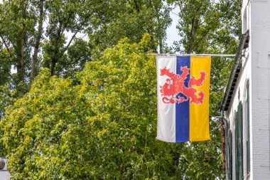 Hollanda Limburg bayrağı yemyeşil yapraklar, beyaz, mavi ve sarı renkler ve kırmızı çift kuyruklu aslan sembolü ile dalgalanıyor, daha küçük mavi orta sıra Maas Nehri 'ni simgeliyor. Metin için boşluk
