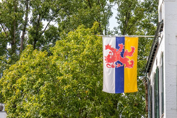 Hollanda Limburg bayrağı yemyeşil yapraklar, beyaz, mavi ve sarı renkler ve kırmızı çift kuyruklu aslan sembolü ile dalgalanıyor, daha küçük mavi orta sıra Maas Nehri 'ni simgeliyor. Metin için boşluk