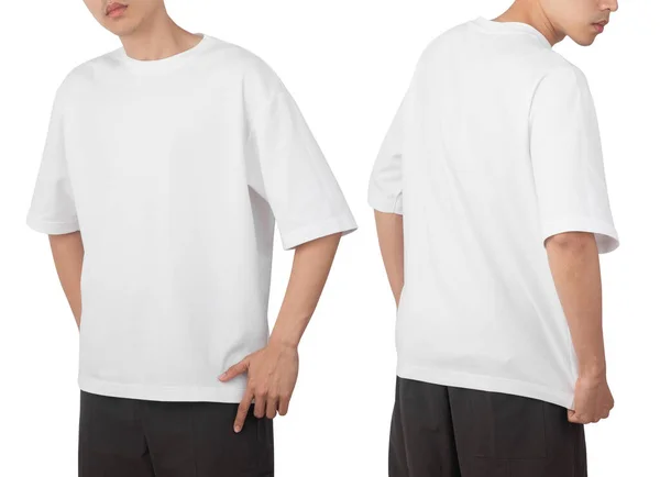 白い背景にクリッピングパスで隔離された デザインテンプレートとして使用されるブランクオーバーサイズのTシャツモックアップ前面と背面の若い男 — ストック写真