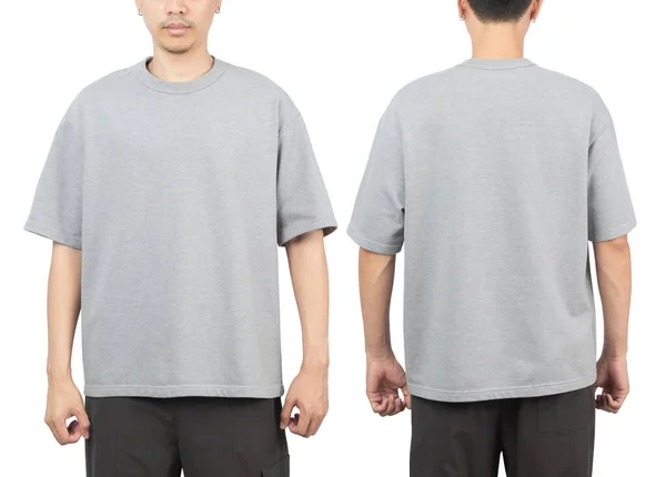 Homem Jovem Cinza Oversize Shirt Mockup Frente Verso Usado Como — Fotografia de Stock