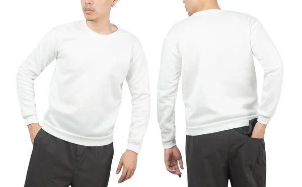 Młody Mężczyzna Białej Bluzie Makieta Przód Tył Używane Jako Szablon — Zdjęcie stockowe
