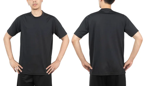 Ung Man Svart Sport Shirt Mockup Fram Och Bak Används — Stockfoto