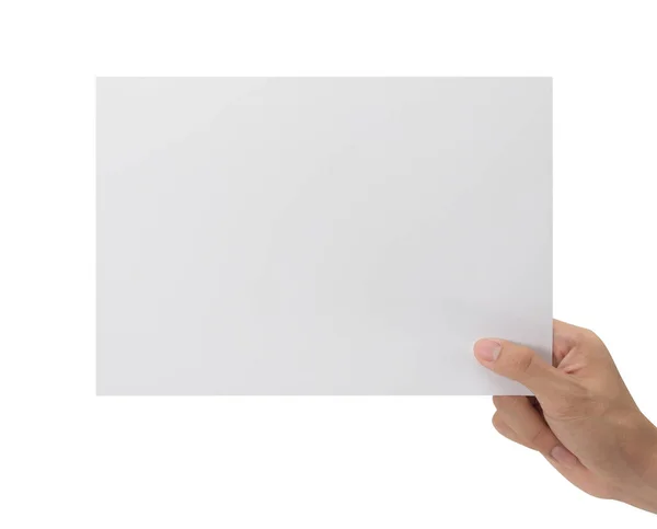 手握空白纸隔离在白色背景与剪切路径 海报模型 — 图库照片