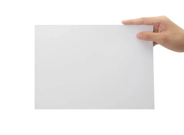 Рука Тримає Порожній Папір Ізольований Білому Тлі Відсіканням Шляху Poster — стокове фото