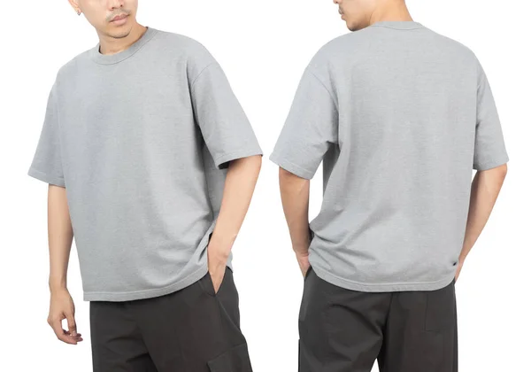 Homem Jovem Cinza Oversize Shirt Mockup Frente Verso Usado Como — Fotografia de Stock