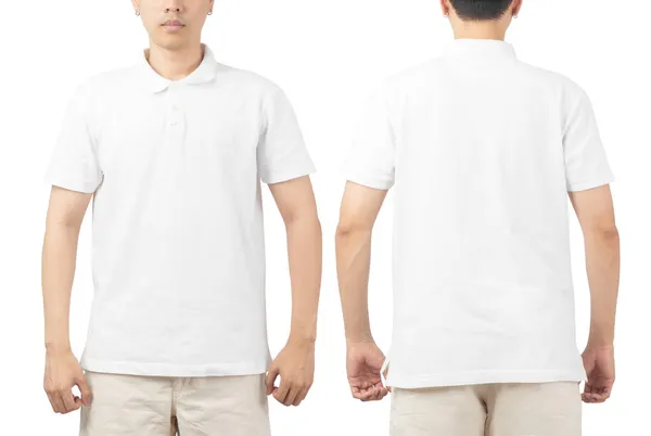 Young Man Blank Polo Shirt Mockup Front Back Used Design — Stock Photo, Image