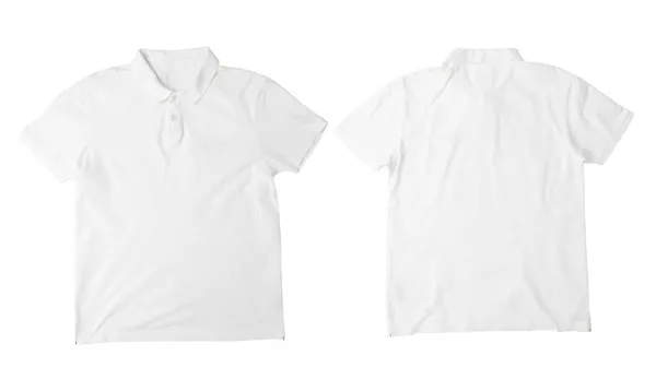 Camiseta Polo Blanco Blanco Maqueta Frontal Trasera Aislada Sobre Fondo —  Fotos de Stock