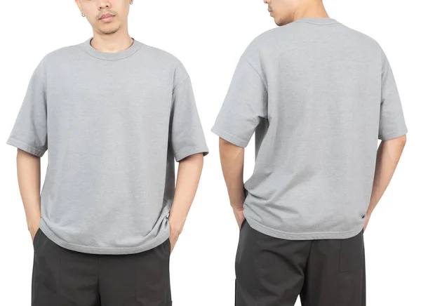 Homem Jovem Cinza Oversize Shirt Mockup Frente Verso Usado Como — Fotografia de Stock