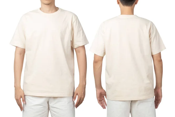 Giovane Uomo Bianco Beige Shirt Mockup Anteriore Posteriore Utilizzato Come — Foto Stock
