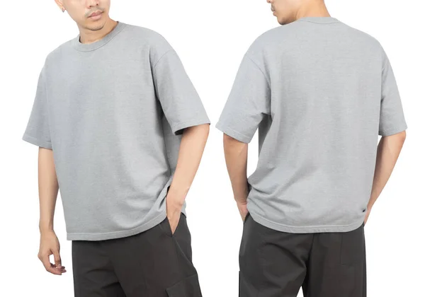 Młody Mężczyzna Szarym Oversize Shirt Makieta Przód Tył Używany Jako — Zdjęcie stockowe
