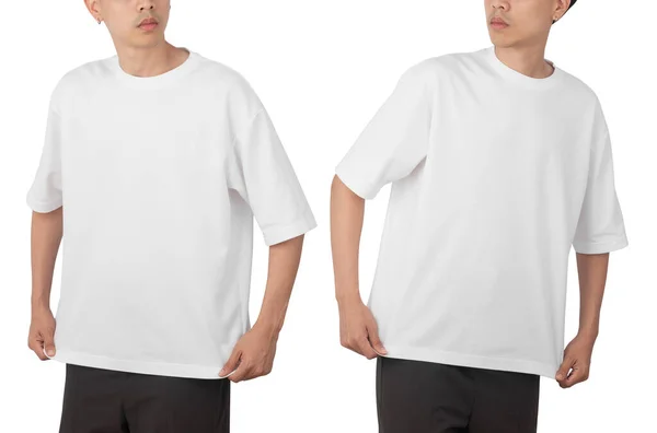 Young Man Blank Oversize Shirt Mockup Front Back Used Design — Stock Photo, Image
