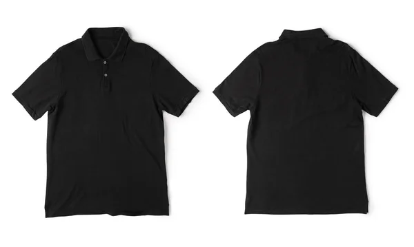 Реалистичный Черный Макет Рубашки Поло Спереди Сзади Вид Изолирован Белом — стоковое фото