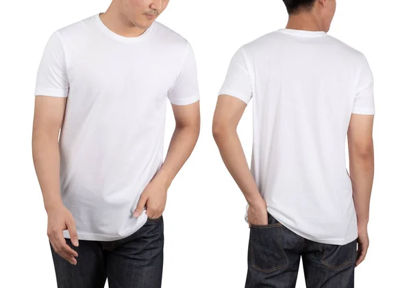 Jovem Homem Branco Camiseta Mockup Isolado Fundo Branco Com Recorte — Fotografia de Stock