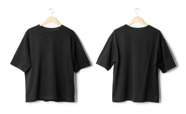 Preto Oversize Shirt Mockup Pendurado Isolado Fundo Branco Com Recorte — Fotografia de Stock