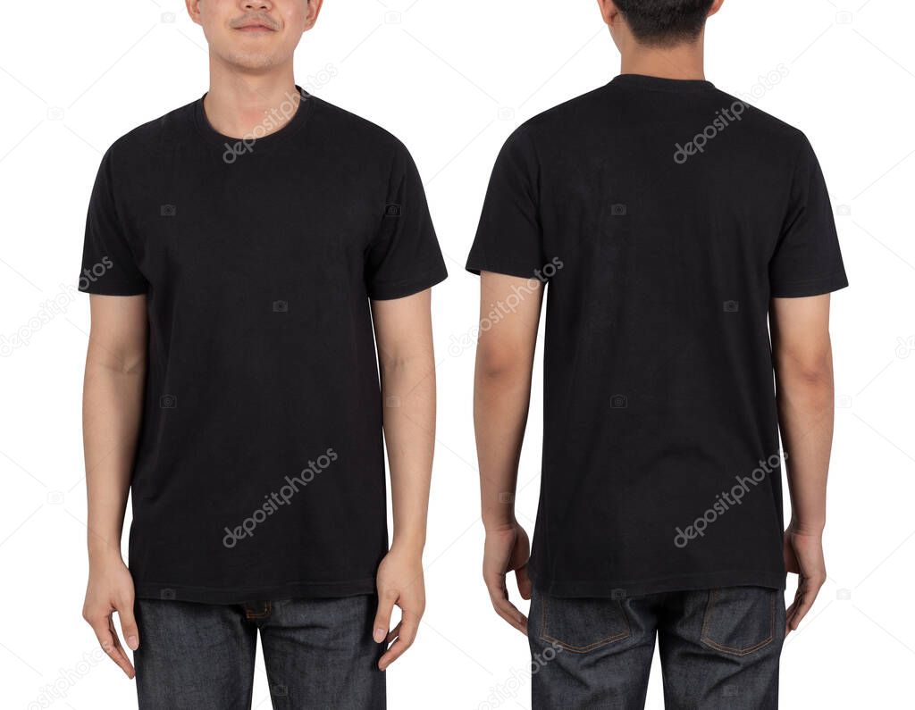 Young man in black T shirt mockup isolated on white background with clipping path.