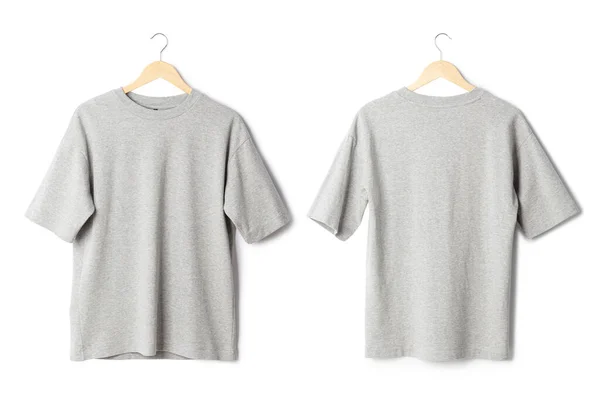 Gris Gran Tamaño Camiseta Maqueta Colgando Aislado Sobre Fondo Blanco — Foto de Stock