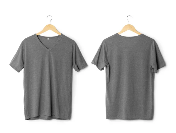 Camiseta Gris Realista Delante Detrás Maqueta Colgando Aislado Sobre Fondo — Foto de Stock