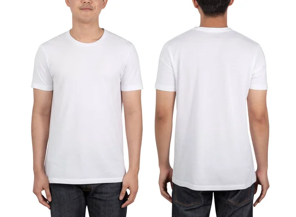 Jovem Homem Branco Camiseta Mockup Isolado Fundo Branco Com Recorte — Fotografia de Stock