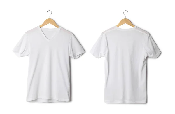 Camiseta Blanca Mockup Colgando Aislado Sobre Fondo Blanco Con Camino —  Fotos de Stock