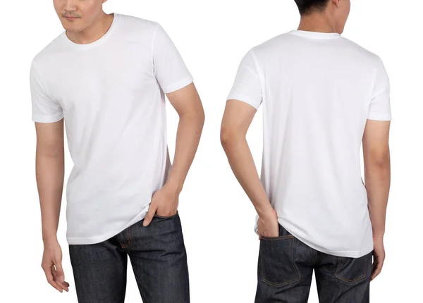 Jovem Homem Branco Camiseta Mockup Isolado Fundo Branco Com Recorte — Fotografia de Stock