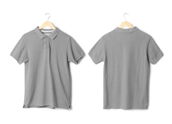 Realistic Grey Polo Shirt Mockup Hanging Front Back View Isolated — Stock Photo, Image