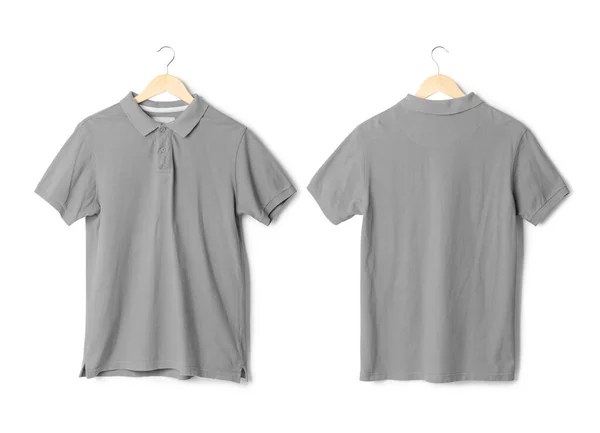 Realistic Grey Polo Shirt Mockup Hanging Front Back View Isolated —  Fotos de Stock