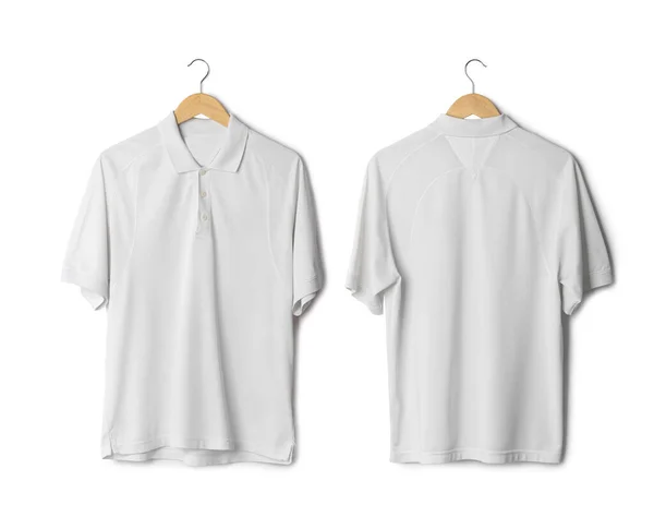 Realista Branco Esporte Polo Camisa Mockup Pendurado Frente Verso Vista — Fotografia de Stock