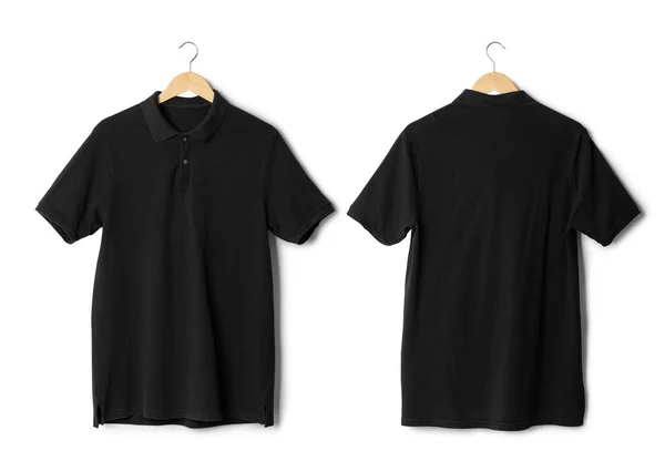 現実的な黒のポロシャツのモックアップは クリッピングパスと白の背景に隔離された前面と背面のビューをぶら下げ — ストック写真