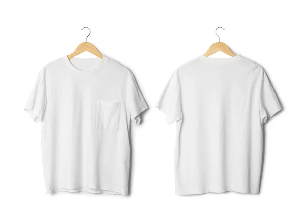 Shirt Bianca Realistica Davanti Dietro Mockup Appeso Isolato Sfondo Bianco — Foto Stock