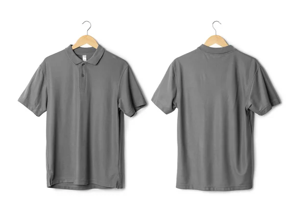 Camisa Polo Cinza Realista Mockup Pendurado Frente Verso Vista Isolada — Fotografia de Stock