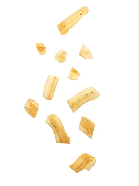 Falling Banana Chips Isolated White Background Clipping Path — Stock Photo, Image