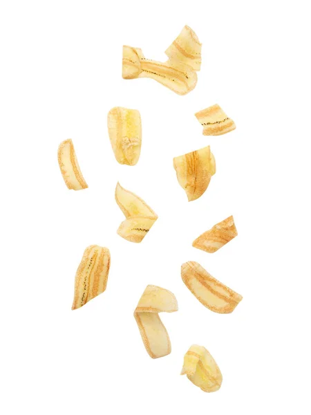 Vallende Banaan Chips Geïsoleerd Witte Achtergrond Met Clipping Pad — Stockfoto