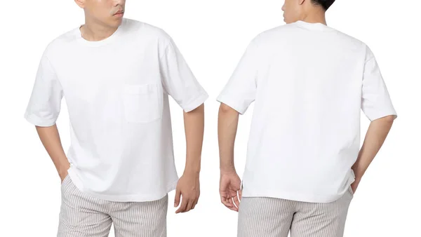 Geniş Tişörtlü Genç Adam Kırpma Yolu Olan Beyaz Arka Planda — Stok fotoğraf