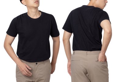 Siyah tişörtlü genç adam beyaz arka planda kırpma yolu ile izole edilmiş..