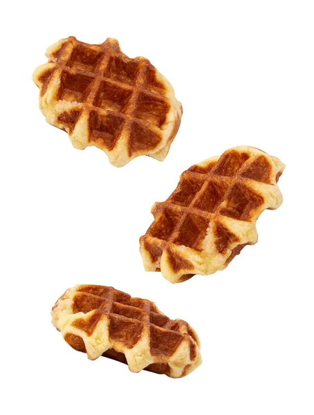 Falling Belgian Waffle Isolated White Background Clipping Path — Zdjęcie stockowe