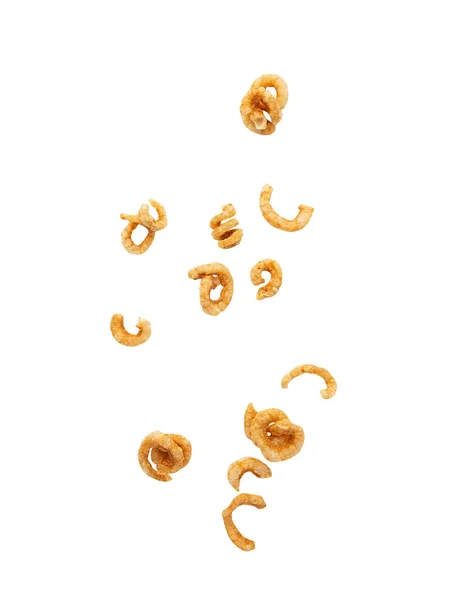 Falling Crispy Pork Rinds Isolated White Background Clipping Path — Stock Photo, Image