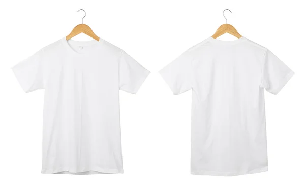 Shirt Bianca Mockup Appesa Isolata Sfondo Bianco Con Percorso Ritaglio — Foto Stock