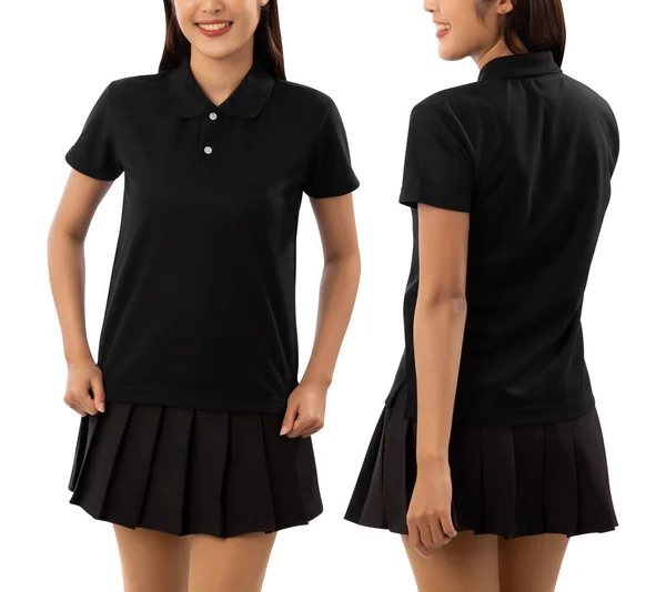 Young Woman Black Polo Shirt Mockup Isolated White Background Clipping — Stock Photo, Image