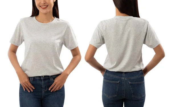 Giovane Donna Grigio Shirt Mockup Isolato Sfondo Bianco Con Percorso — Foto Stock