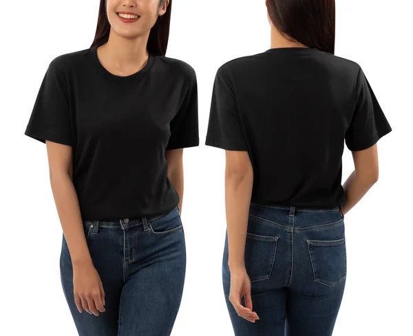 Jovem Mulher Preto Shirt Mockup Isolado Branco Fundo Com Recorte — Fotografia de Stock