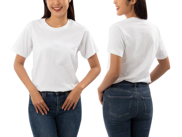 Jeune Femme Shirt Blanc Mockup Isolé Sur Fond Blanc Avec — Photo