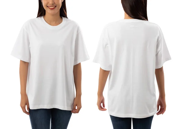 Jovem Mulher Branco Oversize Shirt Mockup Isolado Fundo Branco Com — Fotografia de Stock