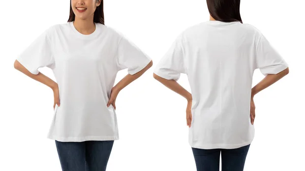 Jeune Femme Blanc Oversize Shirt Mockup Isolé Sur Fond Blanc — Photo