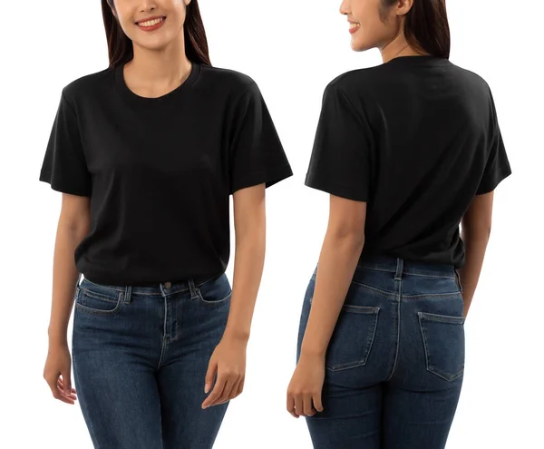 Jovem Mulher Preto Shirt Mockup Isolado Branco Fundo Com Recorte — Fotografia de Stock