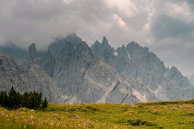 İtalya, Tre Cime 'deki Dolomite Dağları, güneşli yaz gününde mavi gökyüzü boyunca yeşil çimen önü