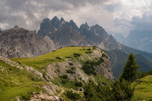 Dolomieten Bergen Tre Cime Italië Met Groen Gras Voorgrond Tijdens — Stockfoto