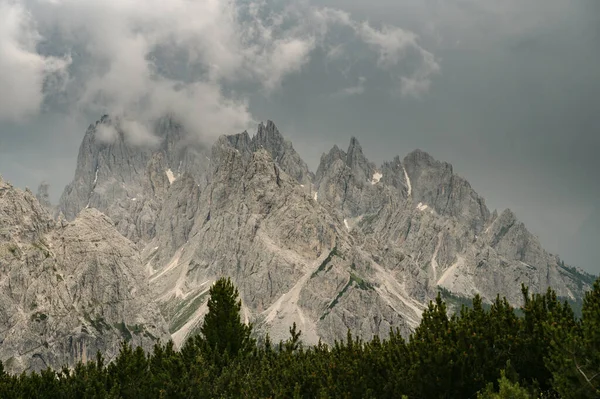 Rocky Dolomite Mountains Covered Clouds Mist Tre Cime Area Italy — Stock Photo, Image