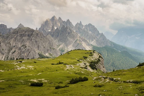 Tre Cimeのドロマイト山 イタリア 青空と晴れた夏の日の間に緑の芝生の前景と — ストック写真
